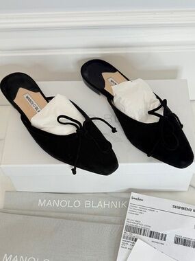 Manolo Blahnik BALLERIMU Black Suede Flat Mules - Size 7.5